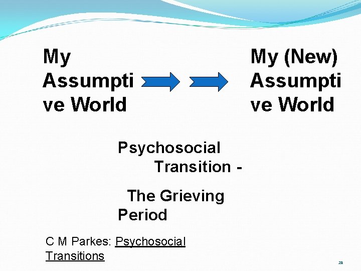My Assumpti ve World My (New) Assumpti ve World Psychosocial Transition The Grieving Period My Assumpti ve World My (New) Assumpti ve World Psychosocial Transition The Grieving Period
