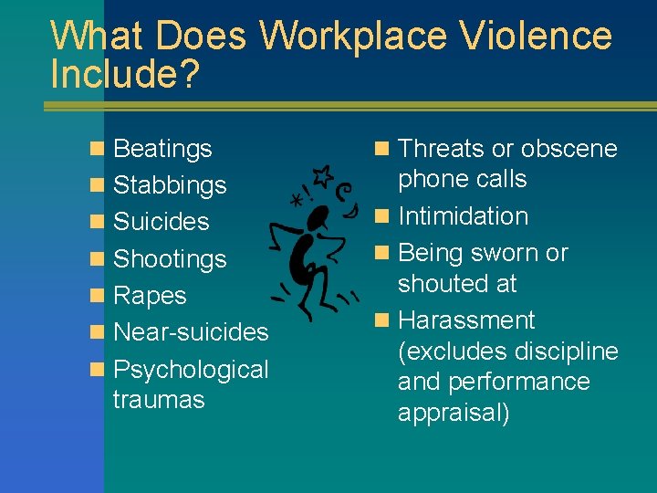 What Does Workplace Violence Include? n Beatings n Threats or obscene n Stabbings phone