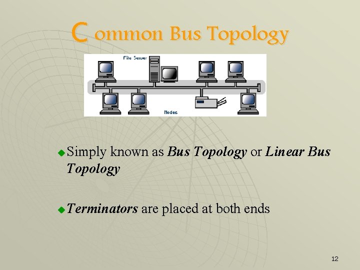 C ommon Bus Topology u u Simply known as Bus Topology or Linear Bus
