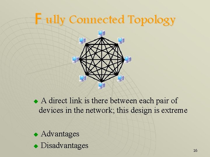 F ully Connected Topology u A direct link is there between each pair of