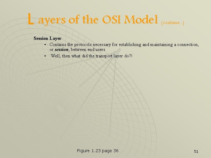 L ayers of the OSI Model (continue. . . ) Session Layer: • Contains