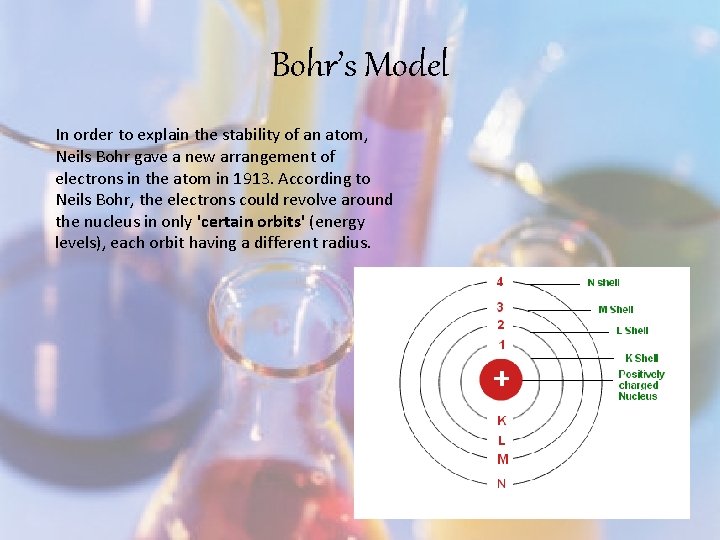 Bohr’s Model In order to explain the stability of an atom, Neils Bohr gave