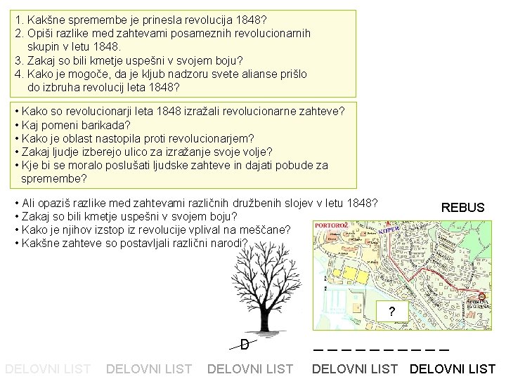 1. Kakšne spremembe je prinesla revolucija 1848? 2. Opiši razlike med zahtevami posameznih revolucionarnih