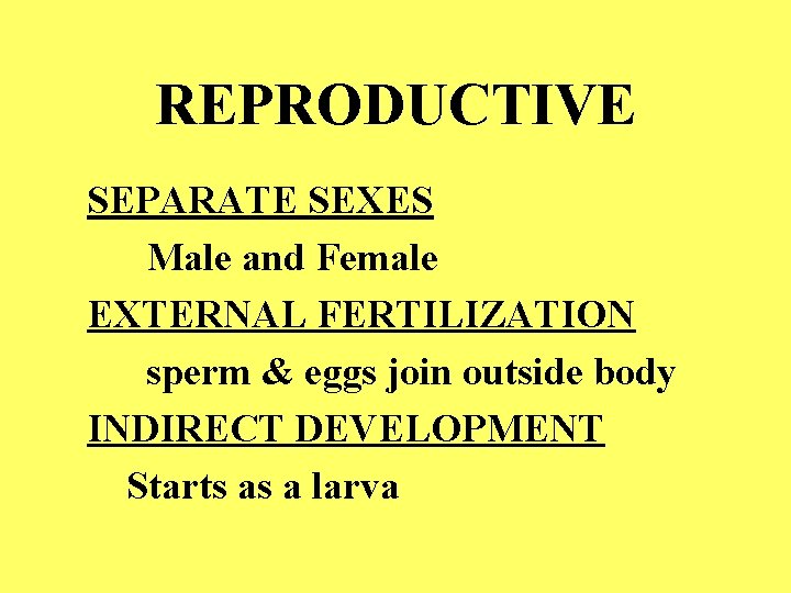 REPRODUCTIVE SEPARATE SEXES Male and Female EXTERNAL FERTILIZATION sperm & eggs join outside body