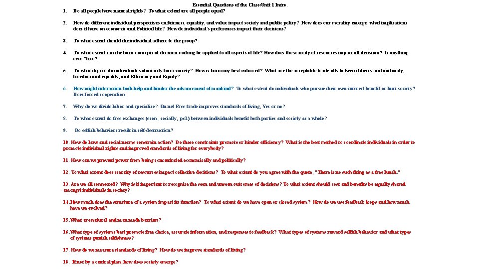 1. Essential Questions of the Class/Unit 1 Intro. Do all people have natural rights?