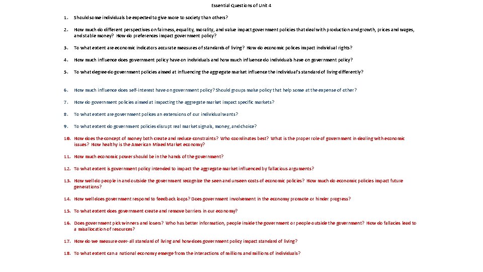 Essential Questions of Unit 4 1. Should some individuals be expected to give more