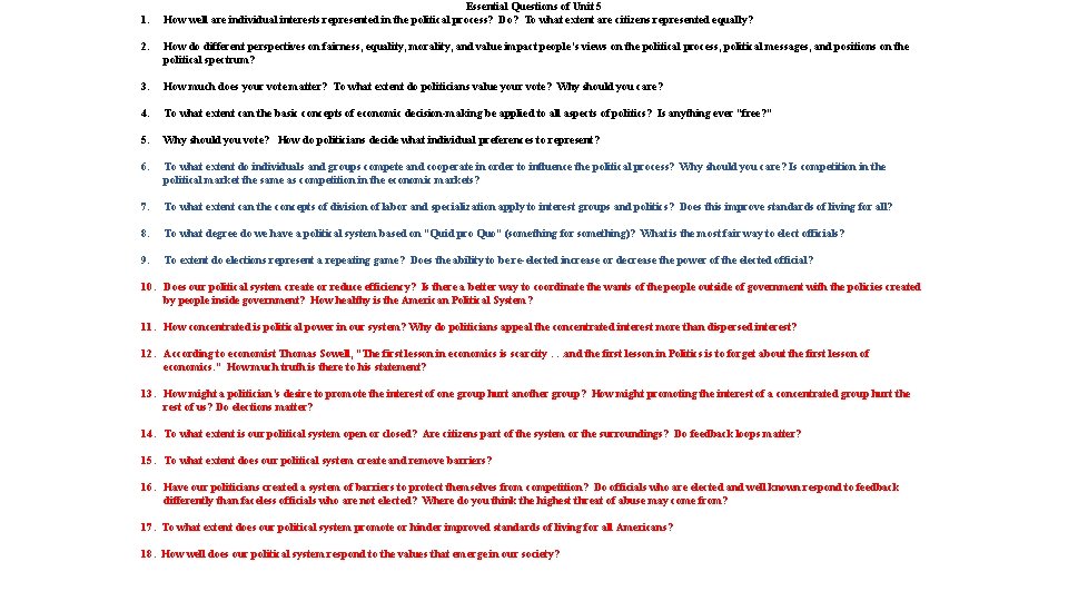 1. Essential Questions of Unit 5 How well are individual interests represented in the