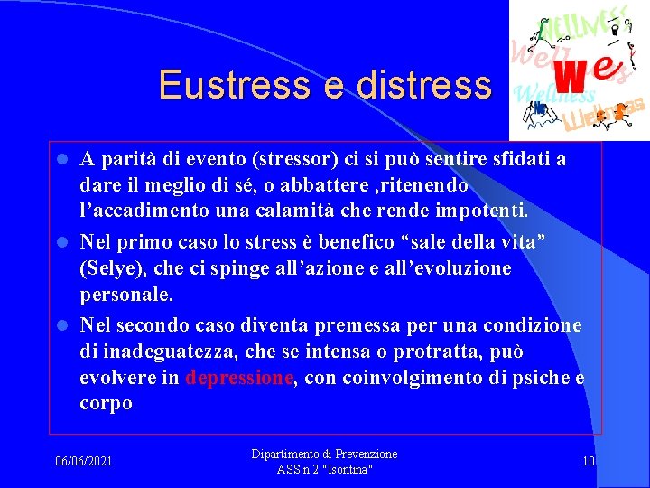 Eustress e distress A parità di evento (stressor) ci si può sentire sfidati a