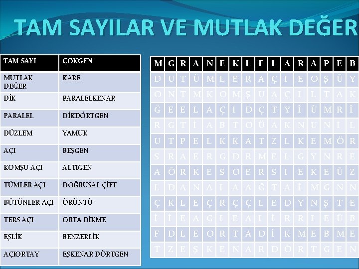 TAM SAYILAR VE MUTLAK DEĞER TAM SAYI ÇOKGEN M G R A N E