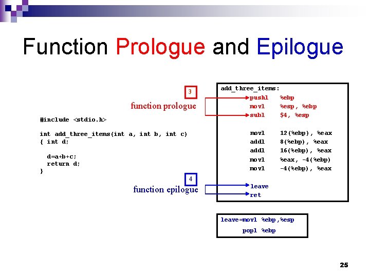 Function Prologue and Epilogue 3 function prologue #include <stdio. h> add_three_items: pushl %ebp movl