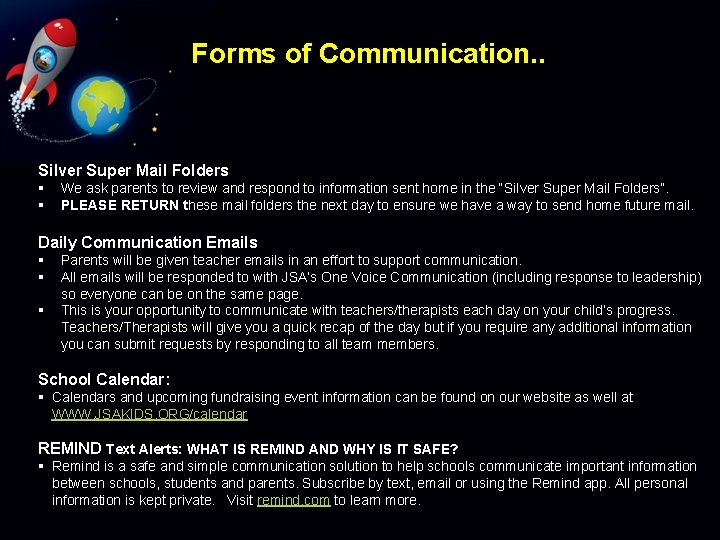 Forms of Communication. . Silver Super Mail Folders § § We ask parents to