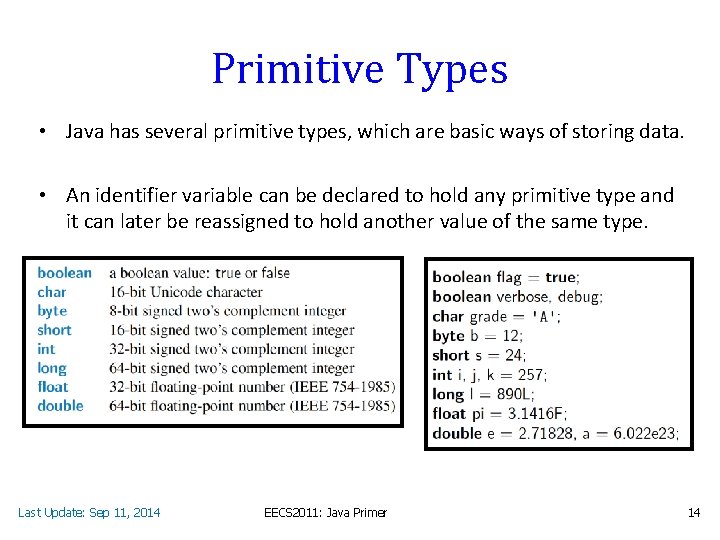 Primitive Types • Java has several primitive types, which are basic ways of storing