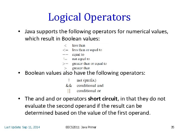 Logical Operators • Java supports the following operators for numerical values, which result in