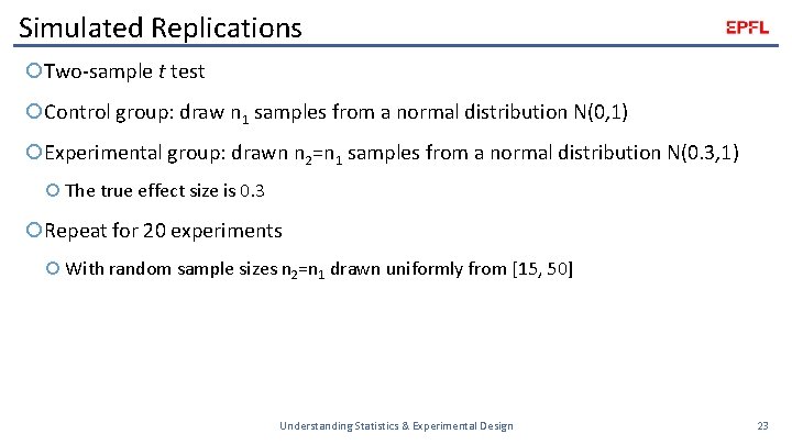 Simulated Replications Two-sample t test Control group: draw n 1 samples from a normal