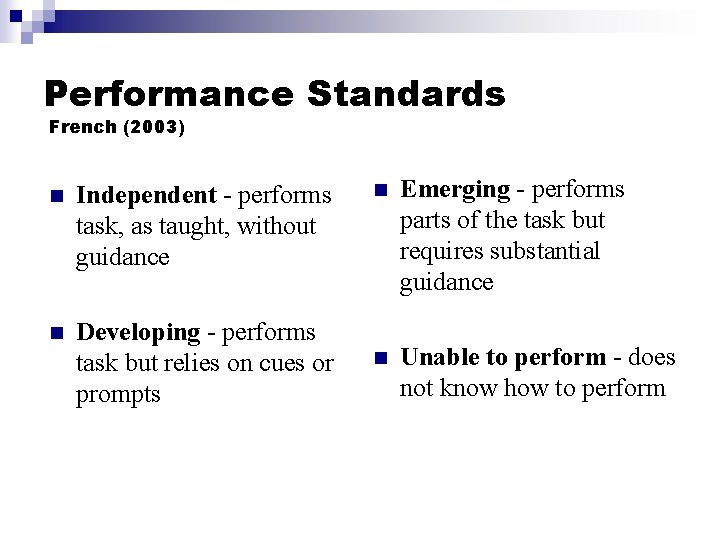 Performance Standards French (2003) n Independent - performs task, as taught, without guidance n