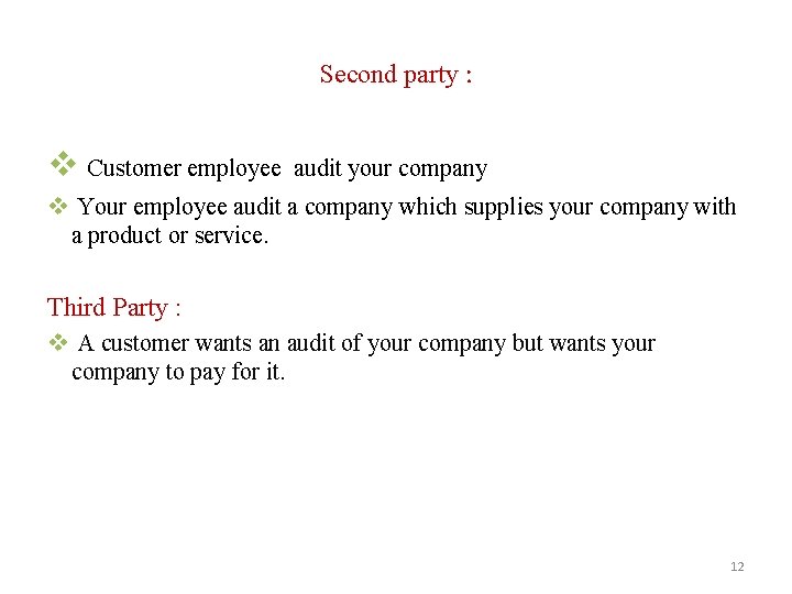 Second party : v Customer employee audit your company v Your employee audit a Second party : v Customer employee audit your company v Your employee audit a