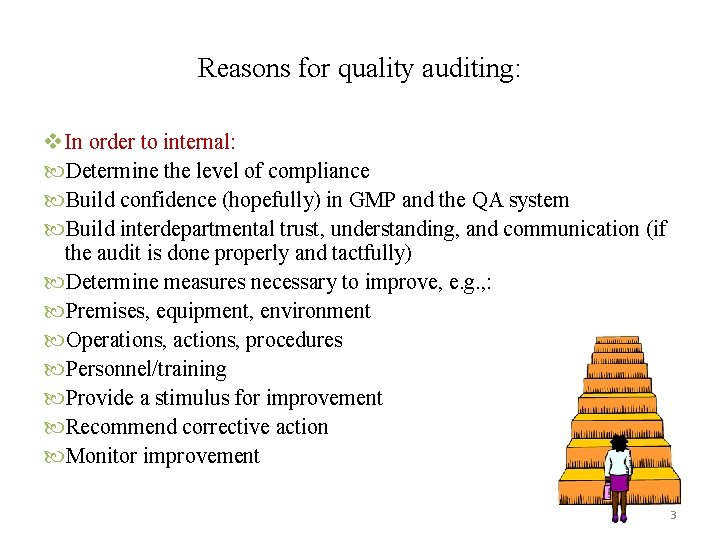 Reasons for quality auditing: v In order to internal: Determine the level of compliance Reasons for quality auditing: v In order to internal: Determine the level of compliance
