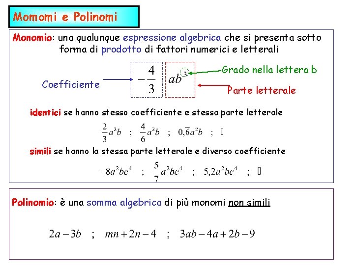 Momomi e Polinomi Monomio: una qualunque espressione algebrica che si presenta sotto forma di