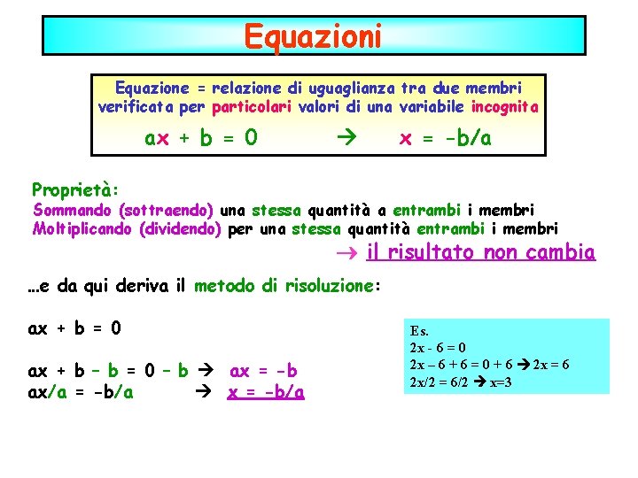 Equazioni Equazione = relazione di uguaglianza tra due membri verificata per particolari valori di