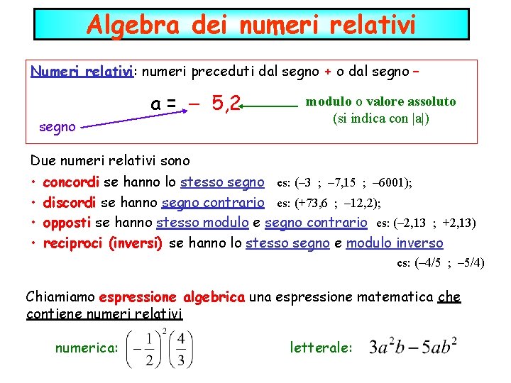 Algebra dei numeri relativi Numeri relativi: numeri preceduti dal segno + o dal segno