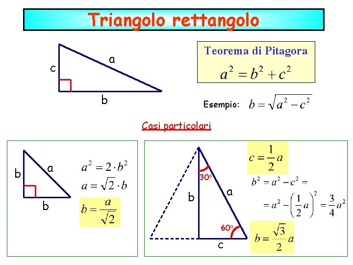 Triangolo rettangolo Teorema di Pitagora a c b Esempio: Casi particolari b a b