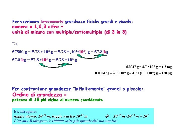 Per esprimere brevemente grandezze fisiche grandi o piccole: numero a 1, 2, 3 cifre