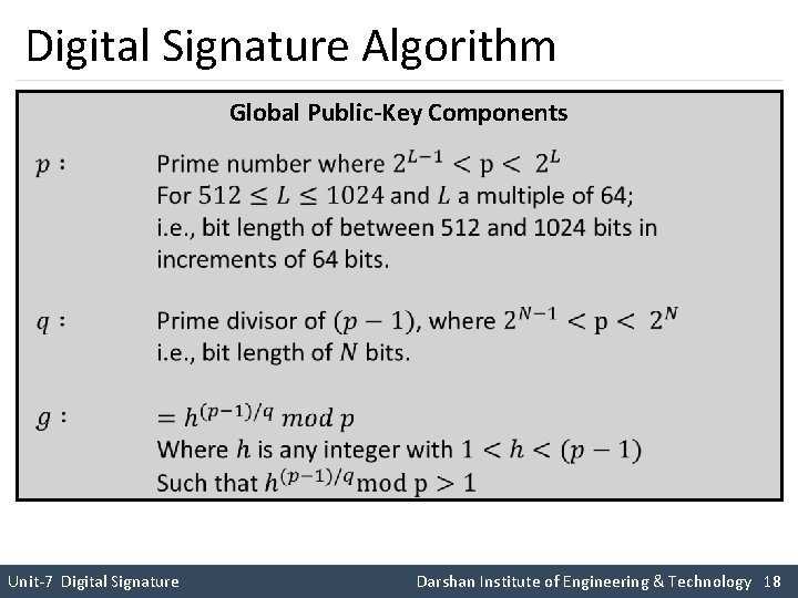 Digital Signature Algorithm Global Public-Key Components Unit-7 Digital Signature Darshan Institute of Engineering &