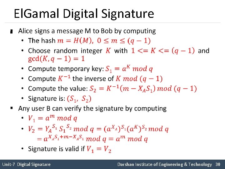 El. Gamal Digital Signature § Unit-7 Digital Signature Darshan Institute of Engineering & Technology