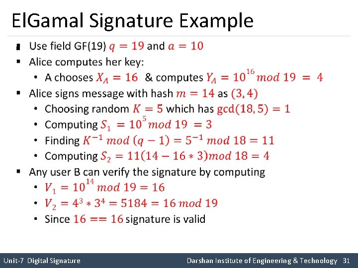 El. Gamal Signature Example § Unit-7 Digital Signature Darshan Institute of Engineering & Technology
