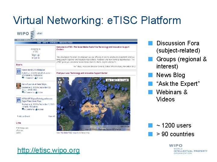 Virtual Networking: e. TISC Platform Discussion Fora (subject-related) Groups (regional & interest) News Blog
