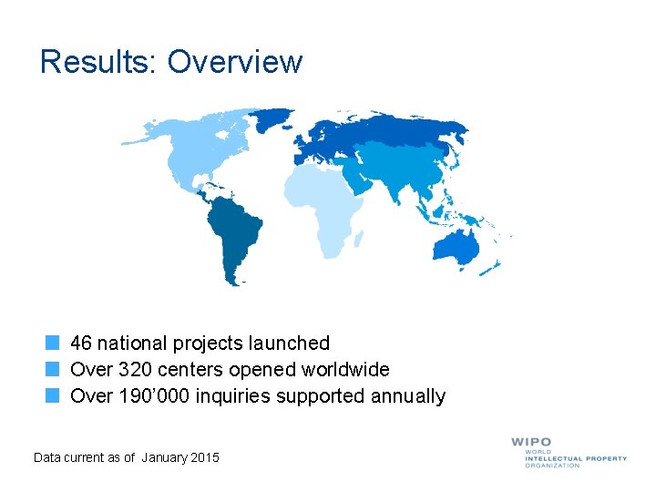 Results: Overview 46 national projects launched Over 320 centers opened worldwide Over 190’ 000