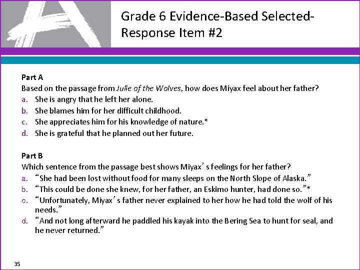 Grade 6 Evidence-Based Selected. Response Item #2 Part A Based on the passage from