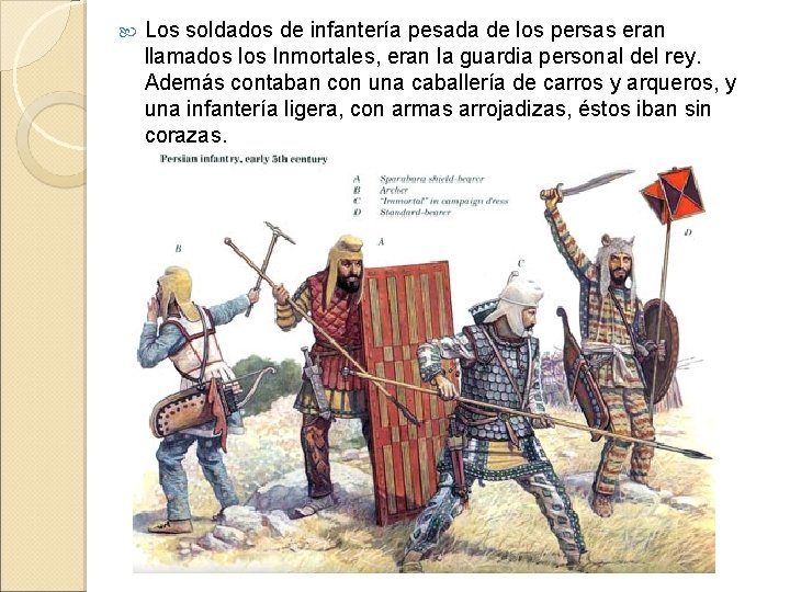 Los soldados de infantería pesada de los persas eran llamados los Inmortales, eran Los soldados de infantería pesada de los persas eran llamados los Inmortales, eran