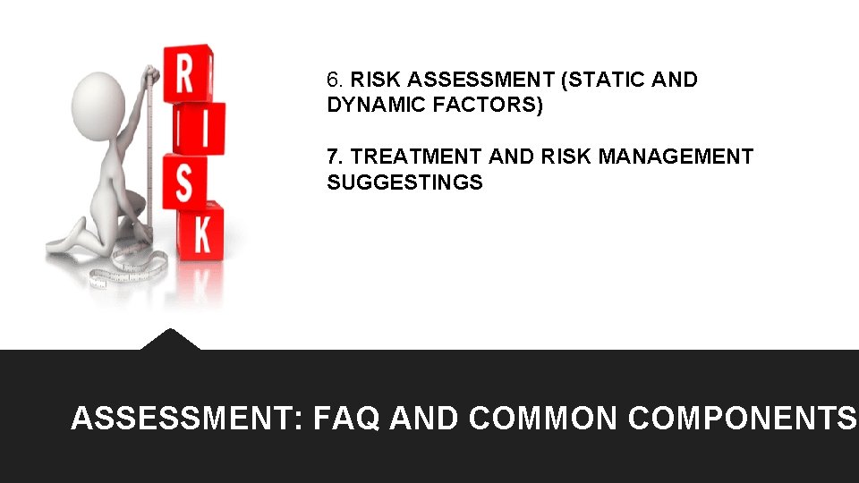 6. RISK ASSESSMENT (STATIC AND DYNAMIC FACTORS) 7. TREATMENT AND RISK MANAGEMENT SUGGESTINGS ASSESSMENT: 6. RISK ASSESSMENT (STATIC AND DYNAMIC FACTORS) 7. TREATMENT AND RISK MANAGEMENT SUGGESTINGS ASSESSMENT: