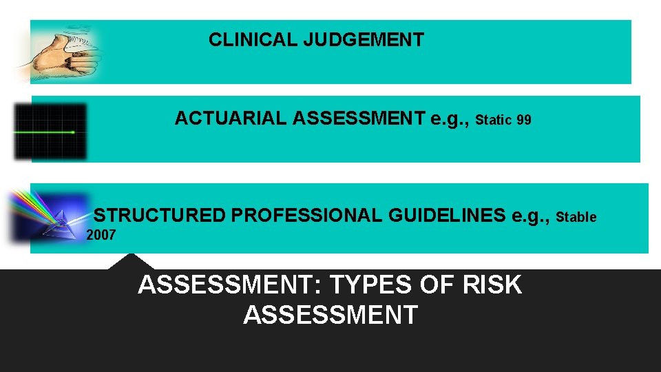 CLINICAL JUDGEMENT ACTUARIAL ASSESSMENT e. g. , Static 99 STRUCTURED PROFESSIONAL GUIDELINES e. g. CLINICAL JUDGEMENT ACTUARIAL ASSESSMENT e. g. , Static 99 STRUCTURED PROFESSIONAL GUIDELINES e. g.