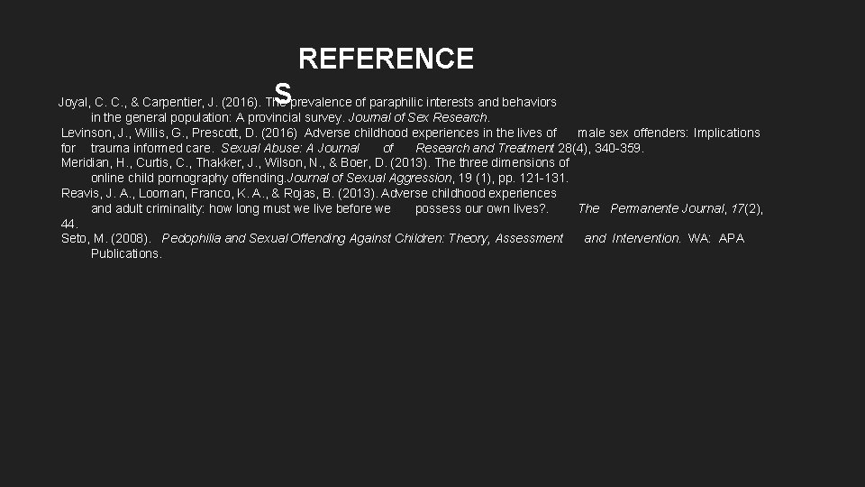 REFERENCE S Joyal, C. C. , & Carpentier, J. (2016). The prevalence of paraphilic REFERENCE S Joyal, C. C. , & Carpentier, J. (2016). The prevalence of paraphilic