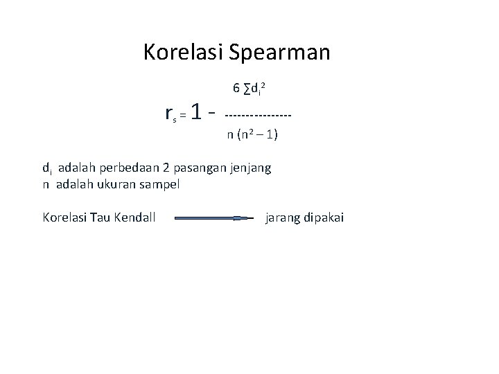 Korelasi Spearman rs = 1 - 6 ∑di 2 --------n (n 2 – 1)