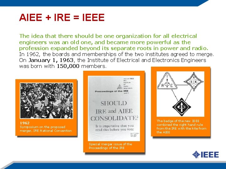 AIEE + IRE = IEEE The idea that there should be one organization for