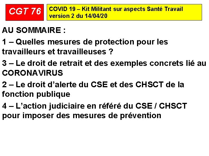 CGT 76 COVID 19 – Kit Militant sur aspects Santé Travail version 2 du