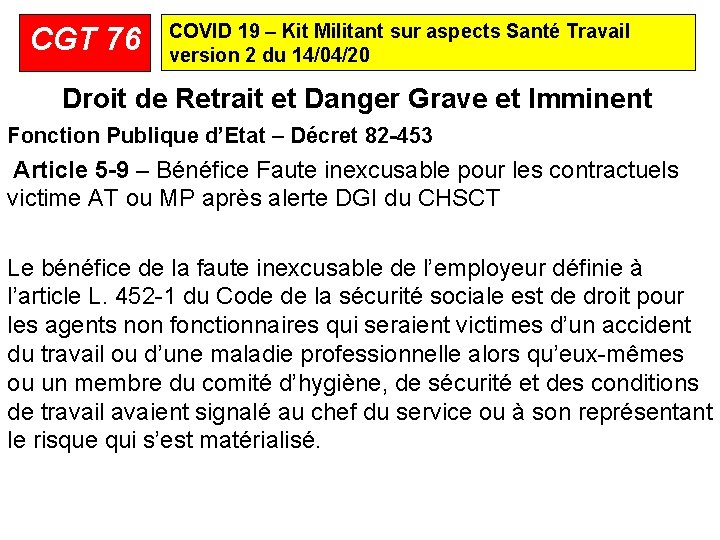 CGT 76 COVID 19 – Kit Militant sur aspects Santé Travail version 2 du