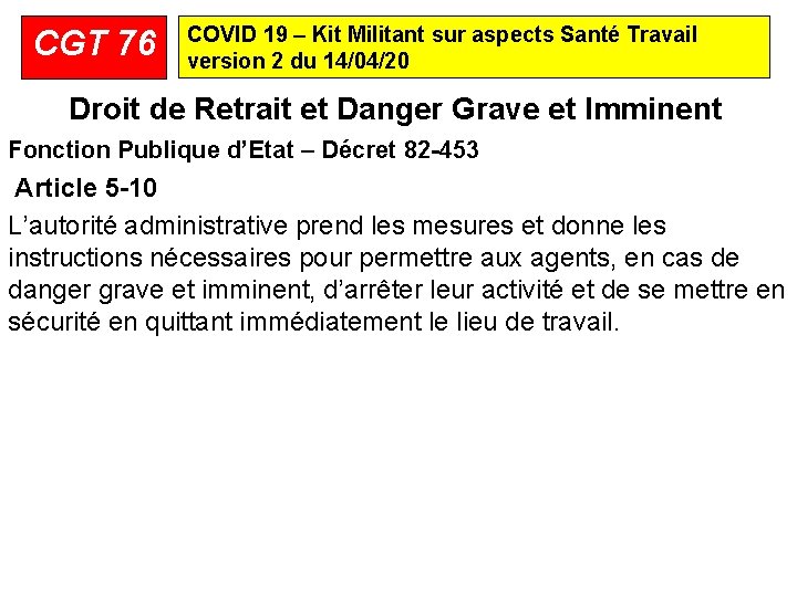 CGT 76 COVID 19 – Kit Militant sur aspects Santé Travail version 2 du