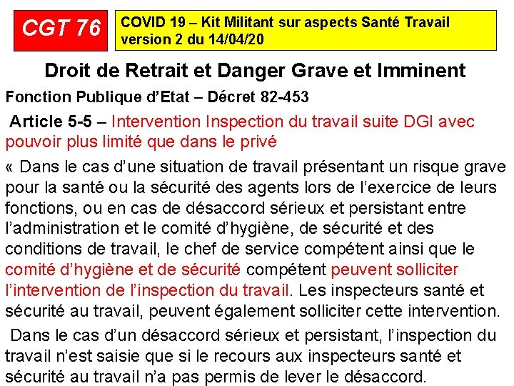 CGT 76 COVID 19 – Kit Militant sur aspects Santé Travail version 2 du