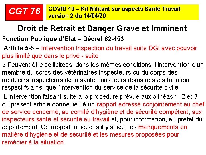 CGT 76 COVID 19 – Kit Militant sur aspects Santé Travail version 2 du