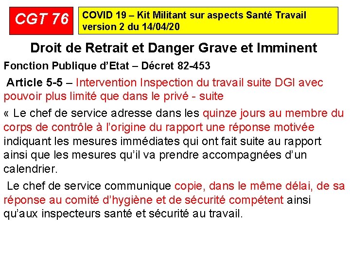 CGT 76 COVID 19 – Kit Militant sur aspects Santé Travail version 2 du