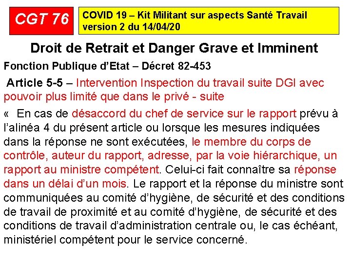 CGT 76 COVID 19 – Kit Militant sur aspects Santé Travail version 2 du