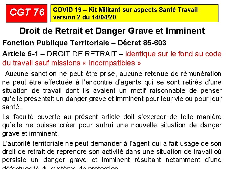 CGT 76 COVID 19 – Kit Militant sur aspects Santé Travail version 2 du