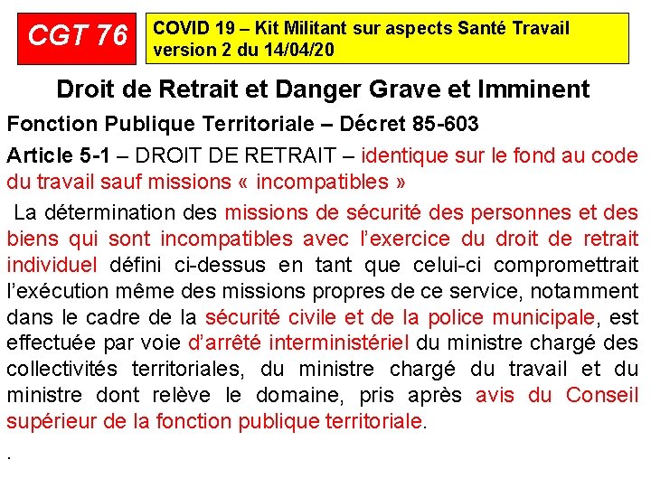 CGT 76 COVID 19 – Kit Militant sur aspects Santé Travail version 2 du