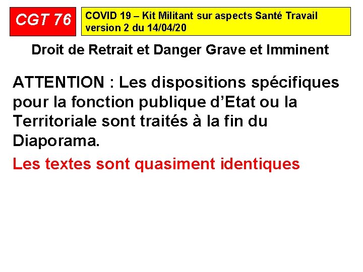 CGT 76 COVID 19 – Kit Militant sur aspects Santé Travail version 2 du