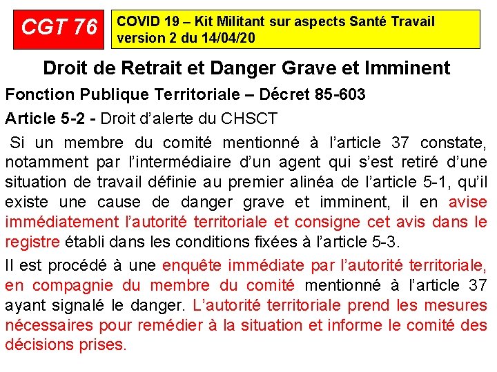 CGT 76 COVID 19 – Kit Militant sur aspects Santé Travail version 2 du