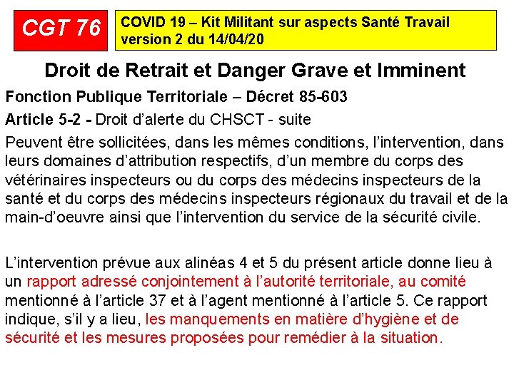 CGT 76 COVID 19 – Kit Militant sur aspects Santé Travail version 2 du